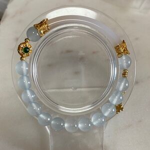 Gold Accented Light Blue Beaded Stretch Bracelet